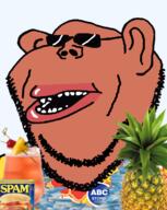 abc_stores alcohol brown_skin ear floral_shirt food fruit glasses hawaii lips mutt pina_colada pineapple spam subvariant:impish_amerimutt sunburn sunglasses variant:impish_soyak_ears // 598x750 // 307.8KB
