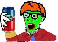 arm can clothes ear glasses green_skin hand holding_object max_headroom open_mouth orange_hair soda soyjak sproke stubble the_mask variant:unknown yellow_eyes // 441x325 // 94.8KB