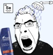 angry chemistry clothes element glasses hair head_and_shoulders open_mouth selenium shampoo shower soyjak stubble text variant:cobson water // 956x999 // 244.1KB