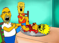 adult angry bart_simpson blood bloodshot_eyes cannibalism cartoon clothes crying glasses gore kitchen lisa_simpson necklace open_mouth plate say_the_line soyjak stubble table the_simpsons thick_eyebrows variant:a24_slowburn_soyjak variant:cobson variant:cryboy_soyjak yellow_hair yellow_skin // 1280x943 // 787.2KB