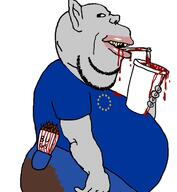 arm belly black_sclera blood blue_shirt bug clothes cup drinking drinking_straw ear eternal_anglo euromutt fat flag:european_union grey_skin hand holding_object jeans lips looking_to_the_right mutt pocket pointy_ears poop side_profile spilled star_(symbol) stubble subvariant:impish_amerimutt text variant:impish_soyak_ears yellow_teeth // 700x758 // 125.2KB