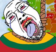 bloodshot_eyes clothes country crying europe flag glasses hanging lithuania lithuanian map mustache open_mouth rope soyjak stubble suicide tongue variant:gapejak_front yellow_teeth // 754x704 // 531.7KB