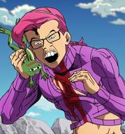 anime frog glasses jojos_bizarre_adventure pepe pink_hair soyjak variant:feraljak vinegar_doppio // 511x549 // 498.9KB