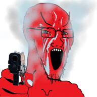 angry arm bloodshot_eyes crying fingernail fist fume glasses gun holding_gun holding_object holding_pistol looking_at_you open_mouth pistol red_skin smoke soyjak stubble sweating teeth variant:soyak weapon // 4000x4000 // 14.2MB