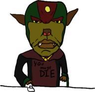 angry arm button closed_mouth clothes fangs ganondorf green_skin hand horn millions_must_die monster nintendo philips_cdi soyjak subvariant:chudjak_front the_legend_of_zelda variant:chudjak video_game yellow_sclera // 385x375 // 52.5KB
