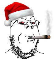 bloodshot_eyes christmas clothes dude_weed glasses hat santa santa_hat smoking soyjak stubble variant:gapejak weed // 837x911 // 219.3KB