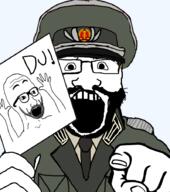 2soyjaks arm beard clothes collar_tabs communism east_germany german_text germany glasses hand hands_up hat holding_object military military_cap necktie open_mouth pointing pointing_at_viewer soyjak stubble subvariant:science_lover text uniform variant:markiplier_soyjak // 800x902 // 213.9KB