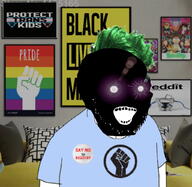 angry antenna badge black_skin blm clothes couch fist flag gay glasses glowing_eyes green_eyes green_hair hair inverted open_mouth pillow poster reddit rick_and_morty soyjak stubble text thougher tranny tshirt variant:classic_soyjak // 1024x999 // 191.3KB