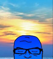 beach blue blue_skin calm closed_eyes closed_mouth glasses hand happy holding_object irl_background jazz music pointing sea sign smile soyjak stubble sunset variant:seriousjak video // 454x500, 33.3s // 2.9MB