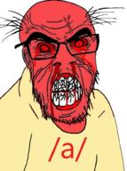 4chan a_(4chan) angry blood bloodshot_eyes clothes cracked_teeth ear glasses mustache red_eyes red_skin soyjak stubble variant:feraljak vein // 741x998 // 727.0KB
