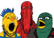 3soyjaks bird clothes don't_hug_me_i'm_scared duck_(dhmis) glasses no_mouth open_mouth red_guy soyjak soyjak_trio stretched_chin stubble variant:gapejak variant:markiplier_soyjak variant:tony_soprano_soyjak yellow_guy // 828x584 // 54.3KB