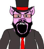 angry animal beard bread clothes ear glasses hat necktie open_mouth pig purple_skin soyjak suit top_hat variant:science_lover // 659x720 // 128.5KB