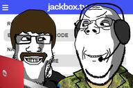 2soyjaks are_you_soying_what_im_soying brown_hair clothes computer country estonia flag glasses hair headphones headset jackbox jacket laptop lee_goldson looking_at_each_other microphone military mustache ominous shadow smile soyjak stubble subvariant:wholesome_soyjak uniform variant:gapejak variant:markiplier_soyjak // 1200x792 // 363.6KB