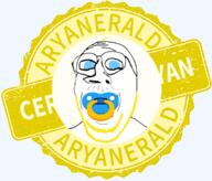 accessory aryan baby badge blue_eyes deformed glasses pacifier soyjak stamp stubble subvariant:emmanuel text variant:gapejak yellow yellow_hair // 761x650 // 275.9KB