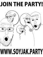 5soyjaks advertisement arm balloon clothes glasses hand hat open_mouth party party_hat pointing soyjak soyjak_party stubble text variant:soyak variant:two_pointing_soyjaks // 816x1056 // 119.0KB