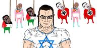 arm blood bloodshot_eyes brown_skin buff closed_mouth clothes communism country crying ear flag foot full_body glasses gynaecomastia hair hammer_and_sickle hand hanging hat israel judaism kippah leg long_hair multiple_soyjaks muscles mustache nazism neovagina open_mouth palestine piss purple_hair rope star_of_david stubble subvariant:chudjak_front subvariant:muscular_chud swastika tongue tranny transgender_flag variant:bernd variant:brunetto variant:chudjak vein yellow_teeth // 1420x704 // 308.7KB