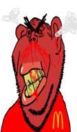 angry blood bloodshot_eyes clothes cracked_teeth eyebrows lips mcdonalds red_shirt steam stubble subvariant:impish_amerimutt variant:impish_soyak_ears vein yellow_teeth // 816x1400 // 349.1KB