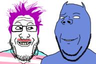 2soyjaks are_you_soying_what_im_soying blue_skin closed_mouth discord glasses horn lipstick mustache no_pupils purple_hair stubble subvariant:wholesome_soyjak tranny variant:gapejak variant:markiplier_soyjak // 1200x800 // 197.6KB