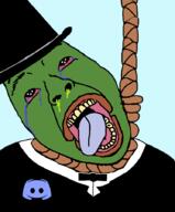 badge bloodshot_eyes clothes crying discord frog hanging hat necktie open_mouth pepe soyjak soyjak_cafe suit tongue top_hat variant:bernd yellow_teeth // 744x900 // 57.1KB