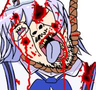 anime blood blue_hair chino_kafuu clothes crying glasses gochiusa gore hair hanging missing_teeth mustache open_mouth rope stubble suicide tippy tongue tranny variant:bernd yellow_teeth // 768x719 // 130.2KB