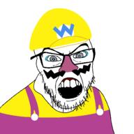 angry clothes glasses green_eyes hat mario mustache open_mouth overalls soyjak stubble variant:feraljak wario yellow_shirt // 1500x1500 // 45.7KB