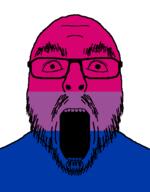 bisexual flag flag:bisexual_pride_flag glasses lgbt open_mouth pride_flag soyjak stubble thick_eyebrows variant:flartson // 410x524 // 10.7KB