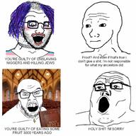 3soyjaks angry balding bible catholic catholicism christianity church clothes crazed cross double_standarts flag glasses hair irl_background looking_down makeup mustache necklace open_mouth purple_hair soyjak stubble text tranny variant:feraljak variant:soyak variant:tony_soprano_soyjak wojak you_will // 1024x1024 // 156.8KB