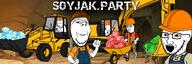 5soyjaks angry arm banner closed_mouth clothes digger ear gem gems glasses hair hand hard_hat mine miner mining open_mouth pickaxe smile soyjak_party stubble subvariant:wholesome_soyjak text variant:chudjak variant:cobson variant:gapejak variant:impish_soyak_ears variant:soyak wheelbarrow // 1860x620 // 663.6KB