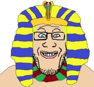 blue_eyes clothes egypt glasses grin hat pharaoh smile soyjak stubble variant:markiplier_soyjak white_skin yellow_eyes // 953x884 // 18.8KB