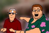 2soyjaks blurred_background clothes fat glasses hair hat hawaiian_shirt irl_background open_mouth pointing soyjak stretched_mouth stubble sunglasses variant:cobson variant:dennis_nedry watch wayne_knight // 1908x1264 // 530.5KB